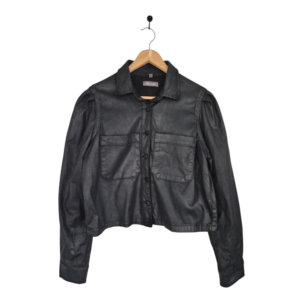 DL1961 Simone Top M Black Coated Denim Cropped Puff Sleeve Button Down Shirt